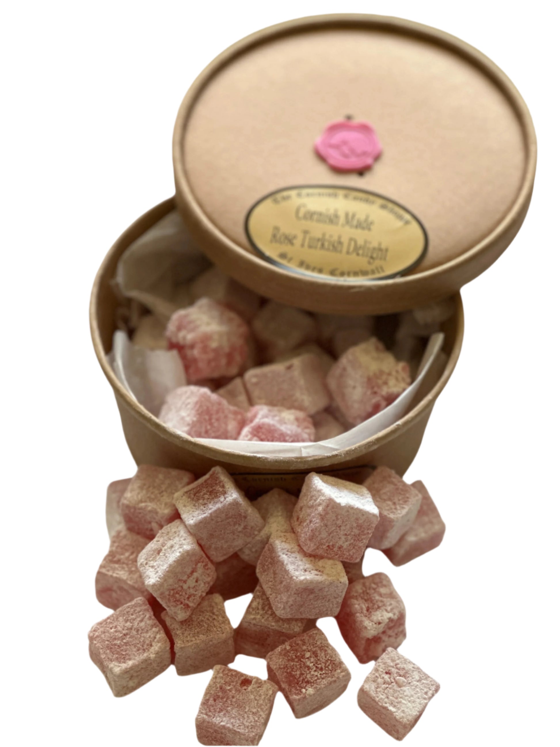 Boxed Rose Turkish Delight from The Cornish Candy Shoppe featuring pink, sugar-coated cubes in a decorative round box