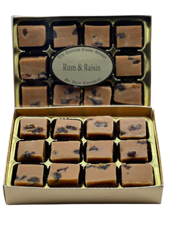 Gold boxed Rum & Raisin fudge from The Cornish Candy Shoppe featuring rich caramel fudge pieces with raisins