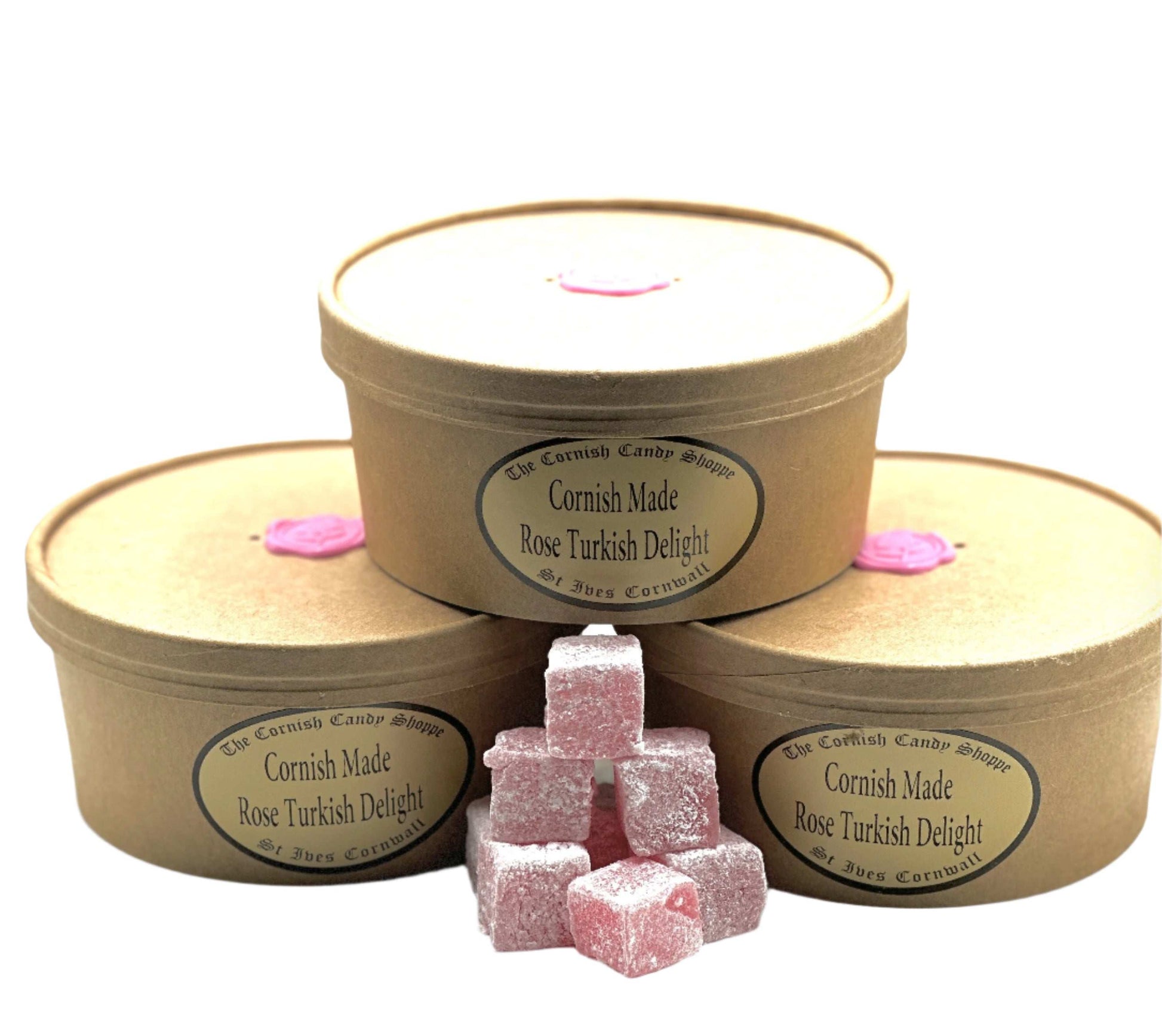 Boxed Cornish Made Rose Turkish Delight from The Cornish Candy Shoppe, featuring pink cubes dusted with sugar